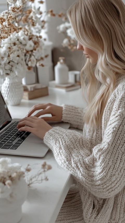 Hands Typing on a Laptop on a White Desk with Minimal Decoration – Cozy Feminine Blogger Aesthetic (267)