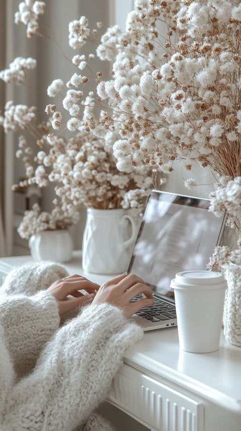 Hands Typing on a Laptop on a White Desk with Minimal Decoration – Cozy Feminine Blogger Aesthetic (285)