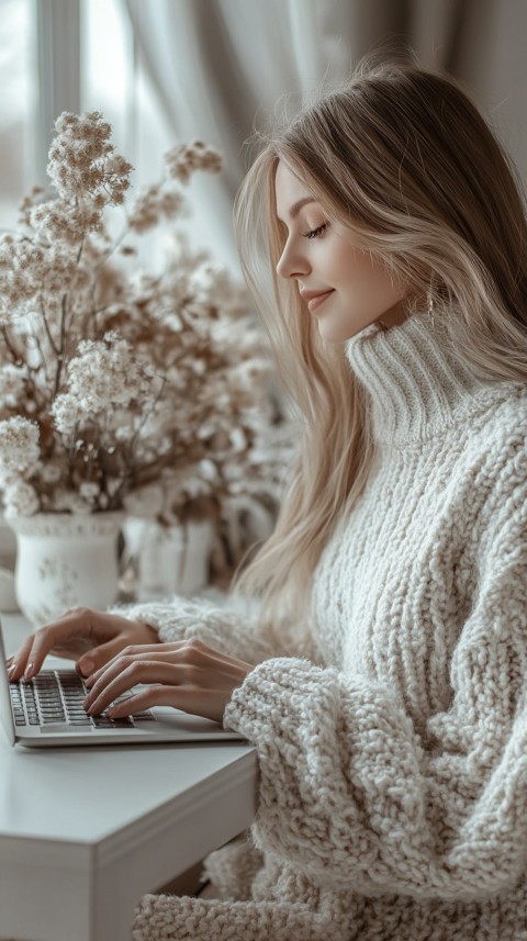 Hands Typing on a Laptop on a White Desk with Minimal Decoration – Cozy Feminine Blogger Aesthetic (261)