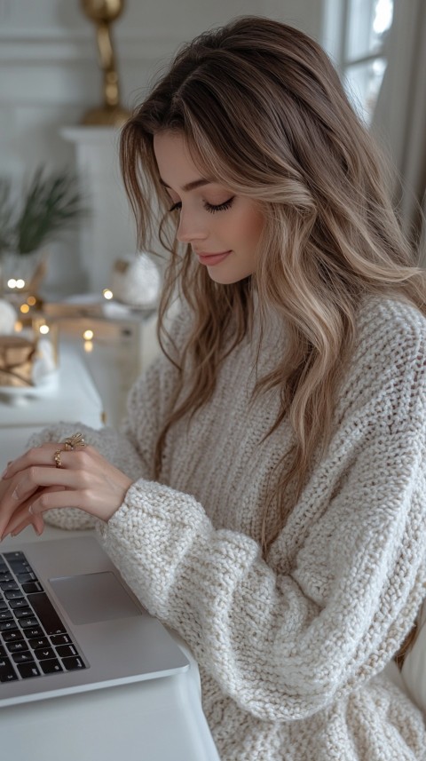 Hands Typing on a Laptop on a White Desk with Minimal Decoration – Cozy Feminine Blogger Aesthetic (286)