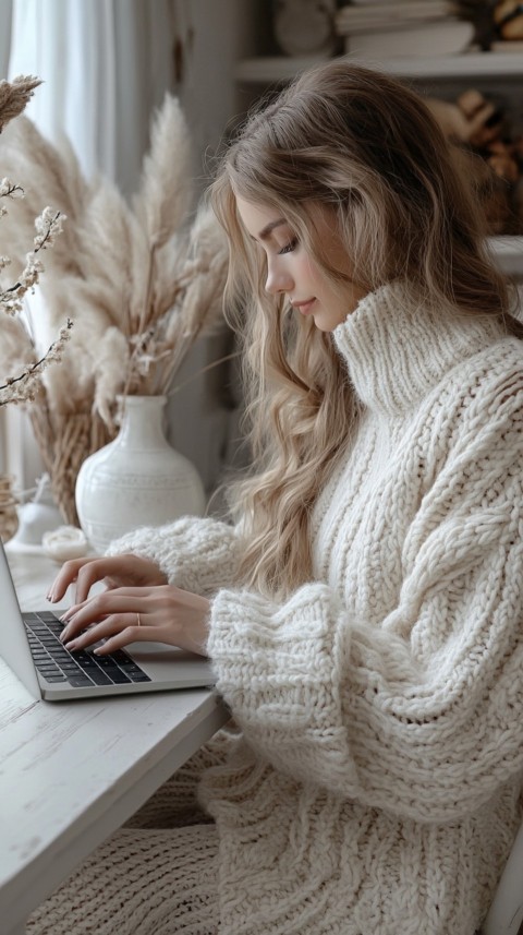 Hands Typing on a Laptop on a White Desk with Minimal Decoration – Cozy Feminine Blogger Aesthetic (257)