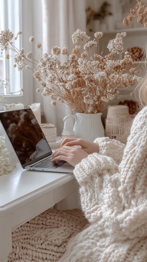 Hands Typing on a Laptop on a White Desk with Minimal Decoration – Cozy Feminine Blogger Aesthetic (279)