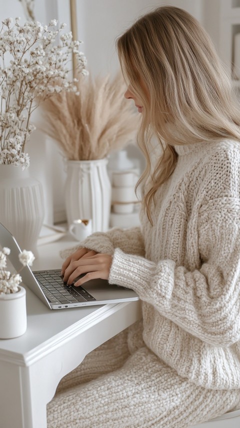 Hands Typing on a Laptop on a White Desk with Minimal Decoration – Cozy Feminine Blogger Aesthetic (300)