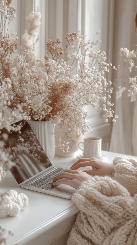 Hands Typing on a Laptop on a White Desk with Minimal Decoration – Cozy Feminine Blogger Aesthetic (340)