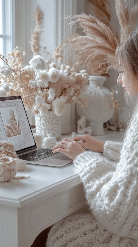 Hands Typing on a Laptop on a White Desk with Minimal Decoration – Cozy Feminine Blogger Aesthetic (346)