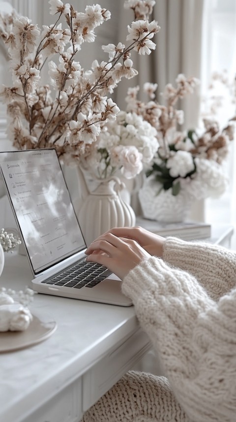 Hands Typing on a Laptop on a White Desk with Minimal Decoration – Cozy Feminine Blogger Aesthetic (324)