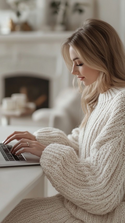 Hands Typing on a Laptop on a White Desk with Minimal Decoration – Cozy Feminine Blogger Aesthetic (317)