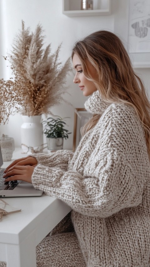 Hands Typing on a Laptop on a White Desk with Minimal Decoration – Cozy Feminine Blogger Aesthetic (320)