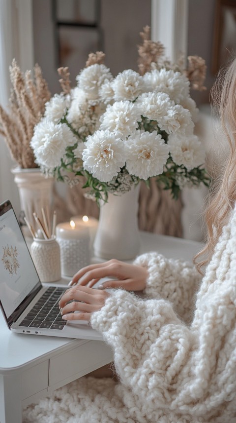 Hands Typing on a Laptop on a White Desk with Minimal Decoration – Cozy Feminine Blogger Aesthetic (335)