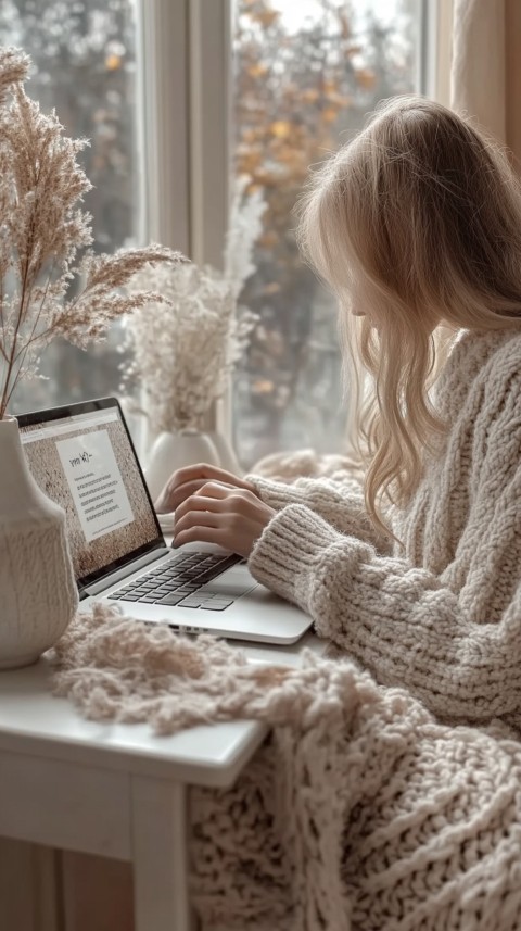 Hands Typing on a Laptop on a White Desk with Minimal Decoration – Cozy Feminine Blogger Aesthetic (307)