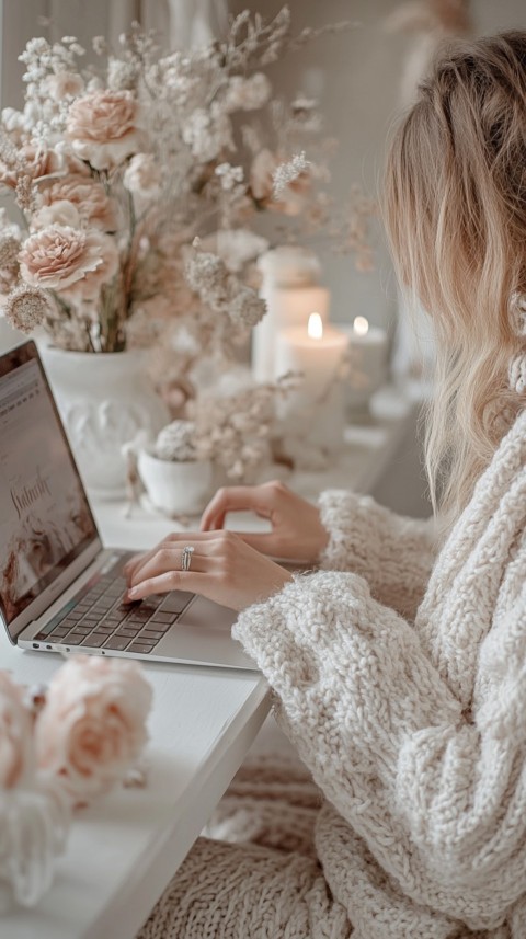 Hands Typing on a Laptop on a White Desk with Minimal Decoration – Cozy Feminine Blogger Aesthetic (326)