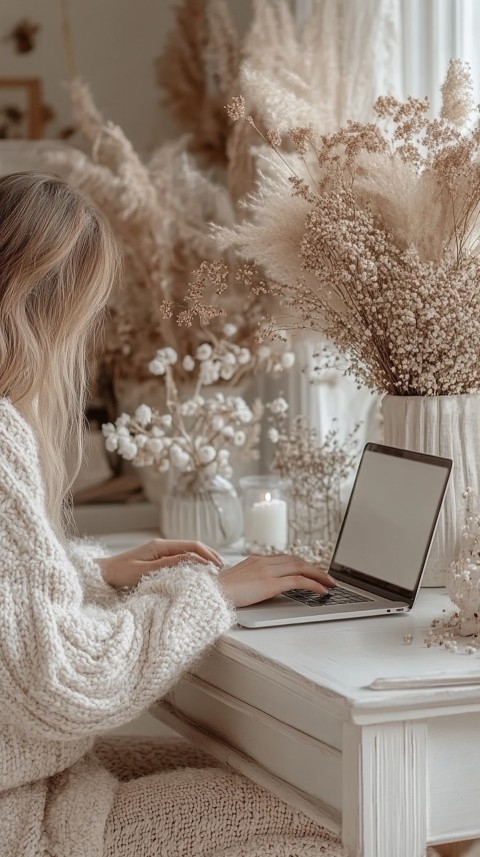 Hands Typing on a Laptop on a White Desk with Minimal Decoration – Cozy Feminine Blogger Aesthetic (303)