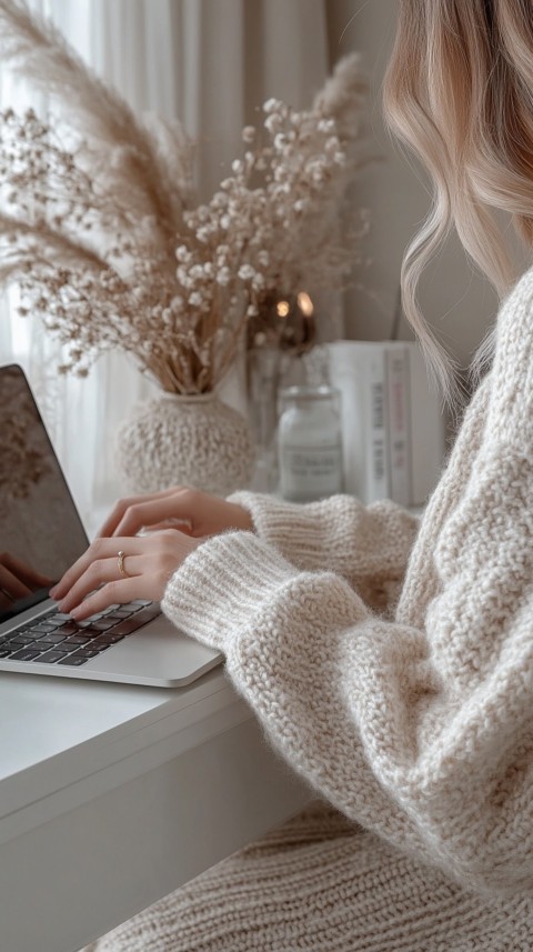 Hands Typing on a Laptop on a White Desk with Minimal Decoration – Cozy Feminine Blogger Aesthetic (325)