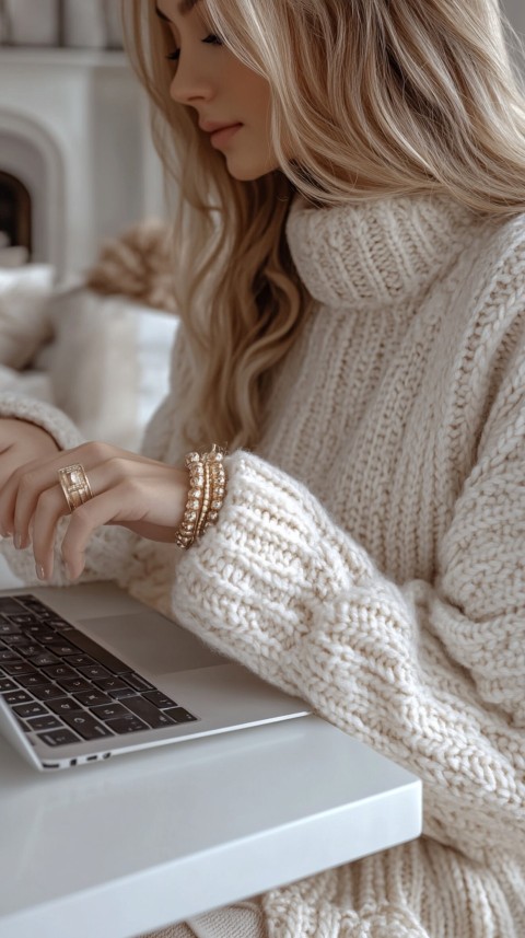 Hands Typing on a Laptop on a White Desk with Minimal Decoration – Cozy Feminine Blogger Aesthetic (338)