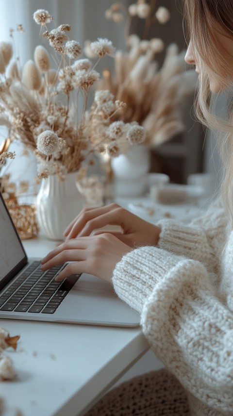 Hands Typing on a Laptop on a White Desk with Minimal Decoration – Cozy Feminine Blogger Aesthetic (342)