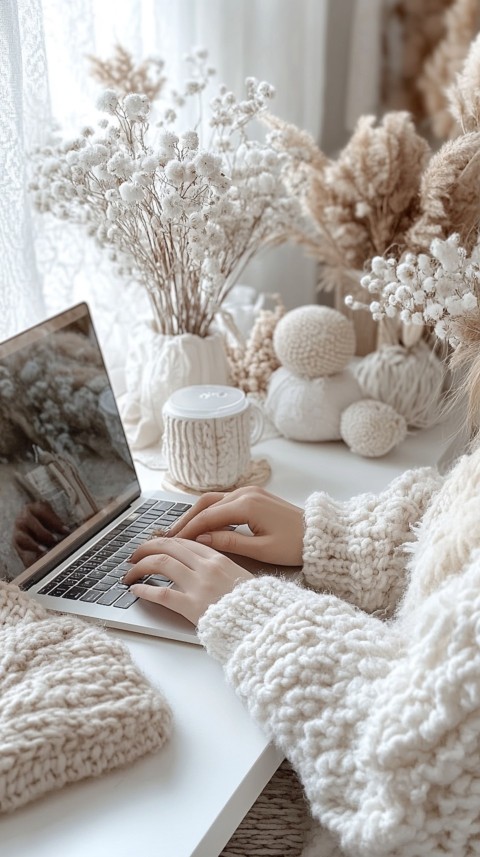 Hands Typing on a Laptop on a White Desk with Minimal Decoration – Cozy Feminine Blogger Aesthetic (334)