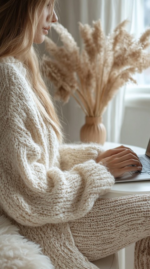 Hands Typing on a Laptop on a White Desk with Minimal Decoration – Cozy Feminine Blogger Aesthetic (301)