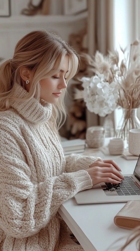 Hands Typing on a Laptop on a White Desk with Minimal Decoration – Cozy Feminine Blogger Aesthetic (327)