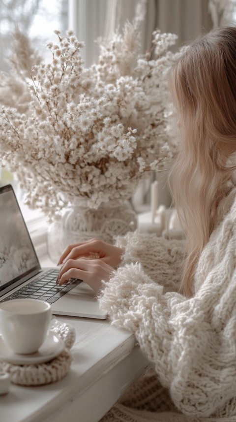 Hands Typing on a Laptop on a White Desk with Minimal Decoration – Cozy Feminine Blogger Aesthetic (332)