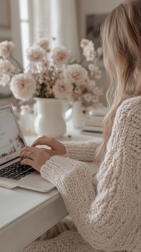 Hands Typing on a Laptop on a White Desk with Minimal Decoration – Cozy Feminine Blogger Aesthetic (321)