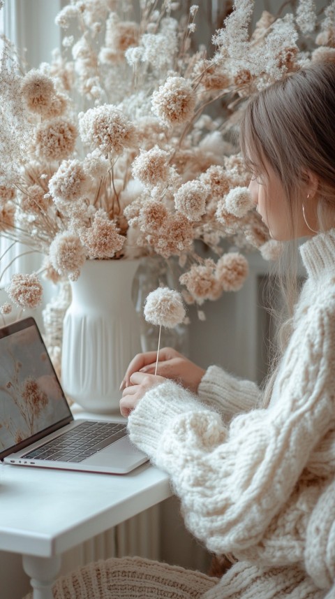 Hands Typing on a Laptop on a White Desk with Minimal Decoration – Cozy Feminine Blogger Aesthetic (318)