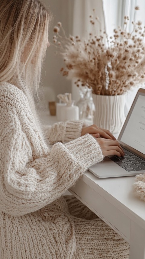 Hands Typing on a Laptop on a White Desk with Minimal Decoration – Cozy Feminine Blogger Aesthetic (313)