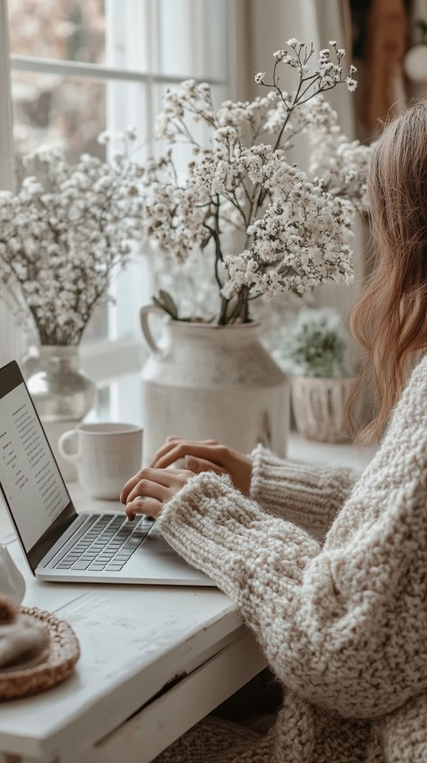 Hands Typing on a Laptop on a White Desk with Minimal Decoration – Cozy Feminine Blogger Aesthetic (314)