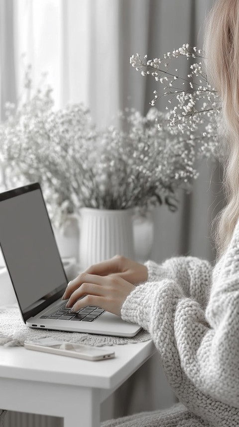 Hands Typing on a Laptop on a White Desk with Minimal Decoration – Cozy Feminine Blogger Aesthetic (355)