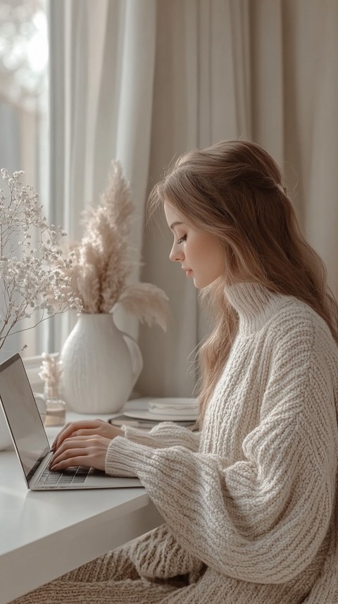 Hands Typing on a Laptop on a White Desk with Minimal Decoration – Cozy Feminine Blogger Aesthetic (361)