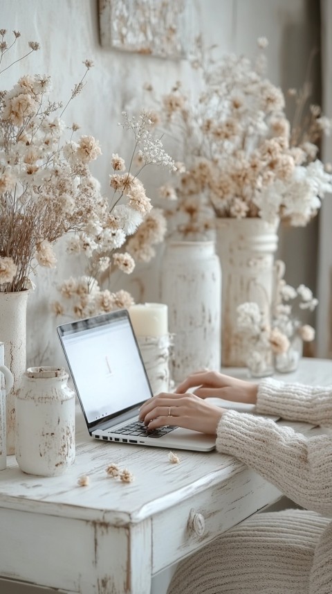 Hands Typing on a Laptop on a White Desk with Minimal Decoration – Cozy Feminine Blogger Aesthetic (362)