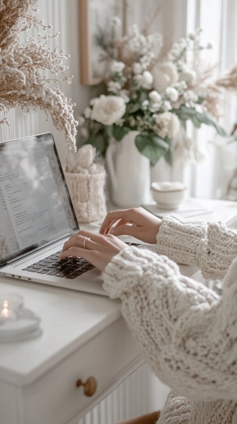 Hands Typing on a Laptop on a White Desk with Minimal Decoration – Cozy Feminine Blogger Aesthetic (368)