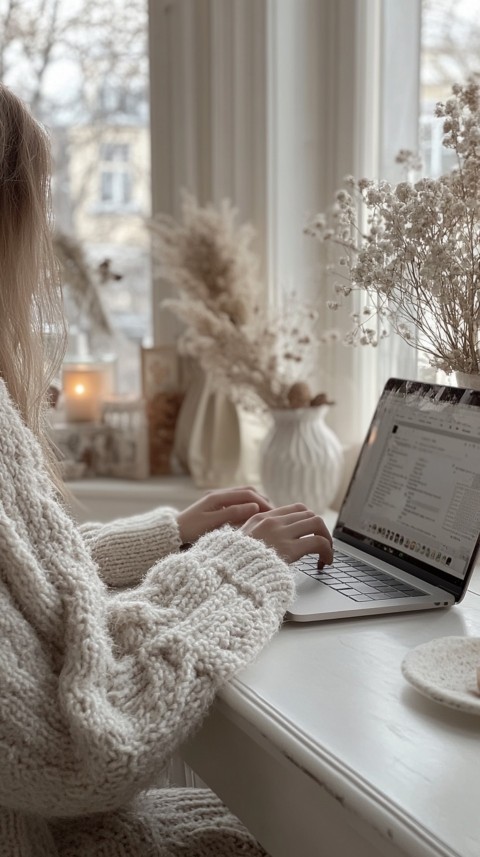 Hands Typing on a Laptop on a White Desk with Minimal Decoration – Cozy Feminine Blogger Aesthetic (352)