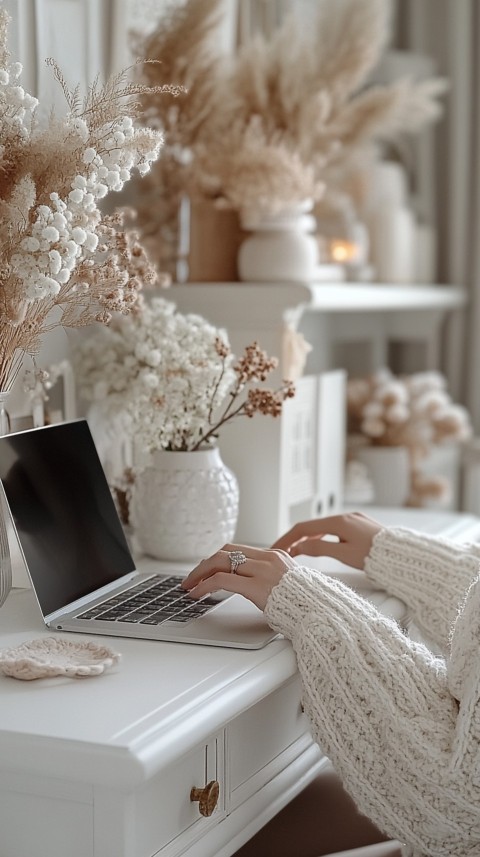 Hands Typing on a Laptop on a White Desk with Minimal Decoration – Cozy Feminine Blogger Aesthetic (364)