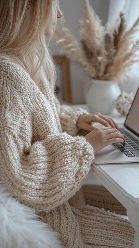 Hands Typing on a Laptop on a White Desk with Minimal Decoration – Cozy Feminine Blogger Aesthetic (356)