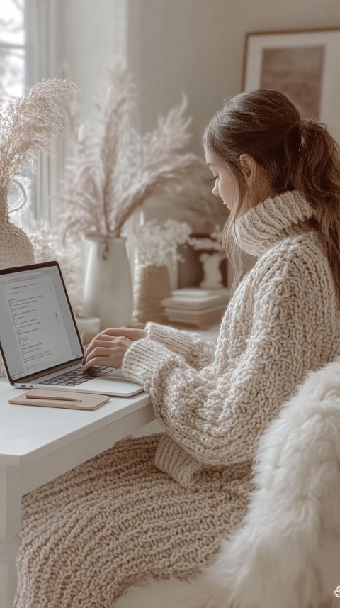 Hands Typing on a Laptop on a White Desk with Minimal Decoration – Cozy Feminine Blogger Aesthetic (360)