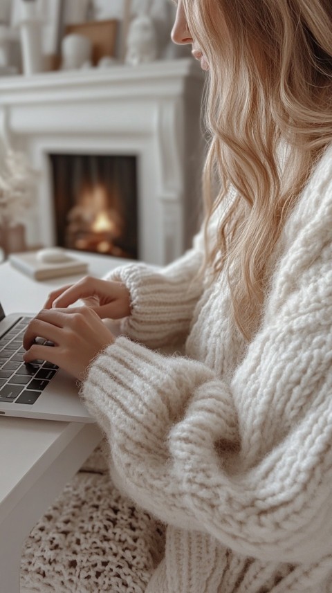 Hands Typing on a Laptop on a White Desk with Minimal Decoration – Cozy Feminine Blogger Aesthetic (367)