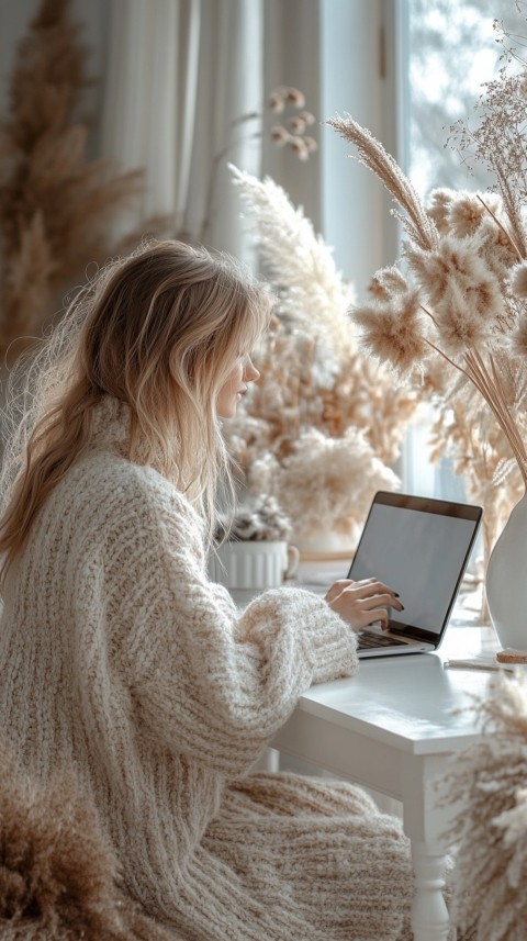 Hands Typing on a Laptop on a White Desk with Minimal Decoration – Cozy Feminine Blogger Aesthetic (357)