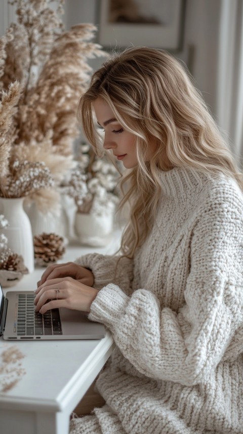 Hands Typing on a Laptop on a White Desk with Minimal Decoration – Cozy Feminine Blogger Aesthetic (359)