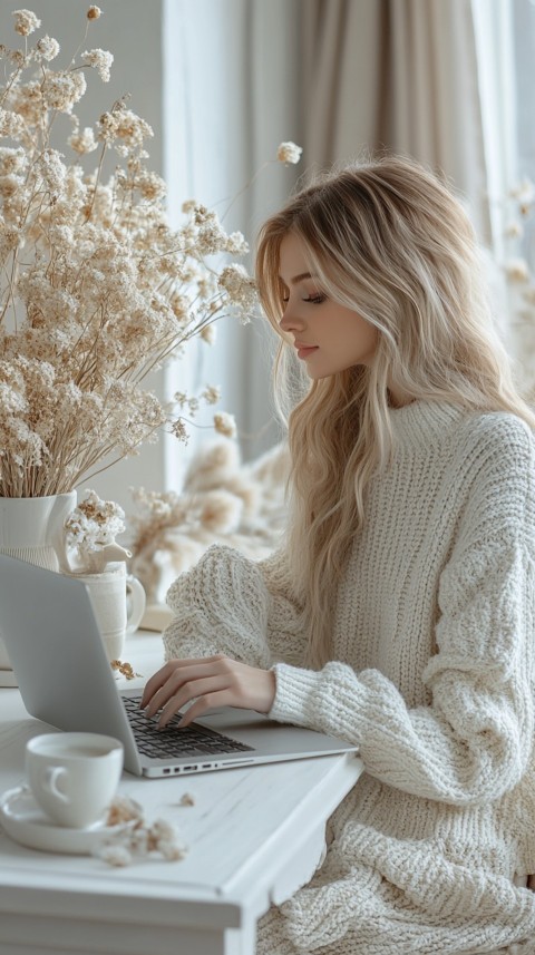 Hands Typing on a Laptop on a White Desk with Minimal Decoration – Cozy Feminine Blogger Aesthetic (354)