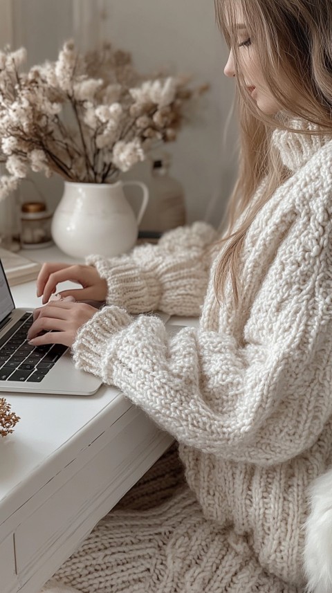 Hands Typing on a Laptop on a White Desk with Minimal Decoration – Cozy Feminine Blogger Aesthetic (366)