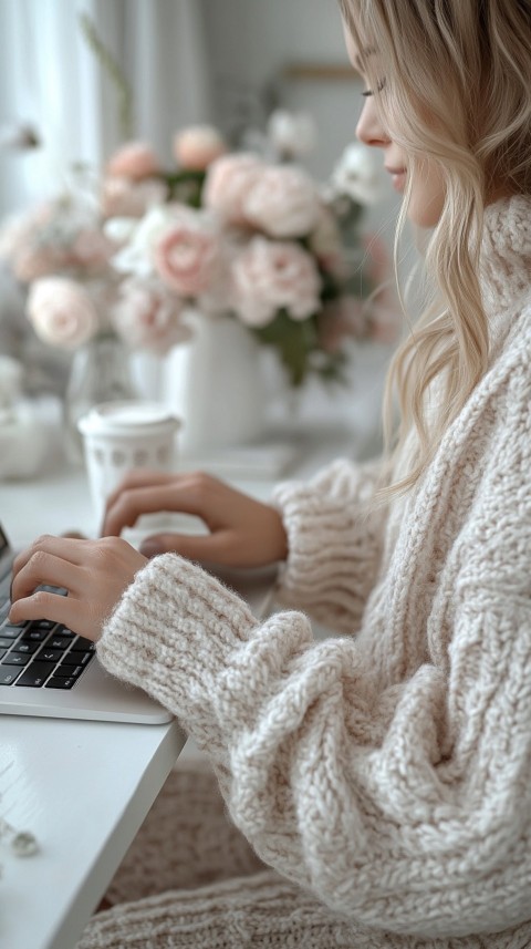 Hands Typing on a Laptop on a White Desk with Minimal Decoration – Cozy Feminine Blogger Aesthetic (358)