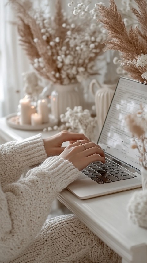 Hands Typing on a Laptop on a White Desk with Minimal Decoration – Cozy Feminine Blogger Aesthetic (371)