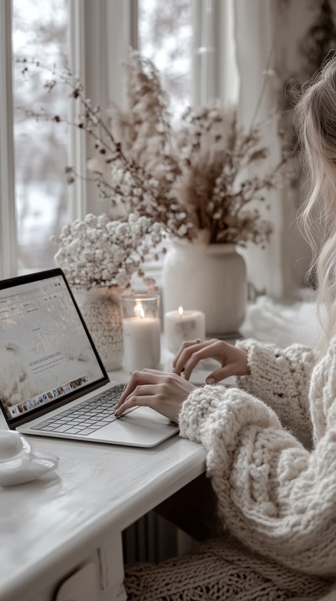 Hands Typing on a Laptop on a White Desk with Minimal Decoration – Cozy Feminine Blogger Aesthetic (391)