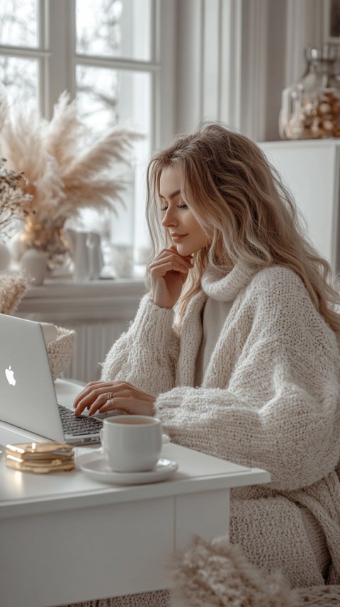 Hands Typing on a Laptop on a White Desk with Minimal Decoration – Cozy Feminine Blogger Aesthetic (397)