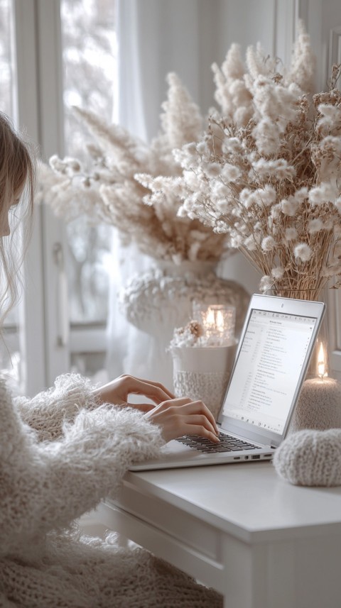 Hands Typing on a Laptop on a White Desk with Minimal Decoration – Cozy Feminine Blogger Aesthetic (379)