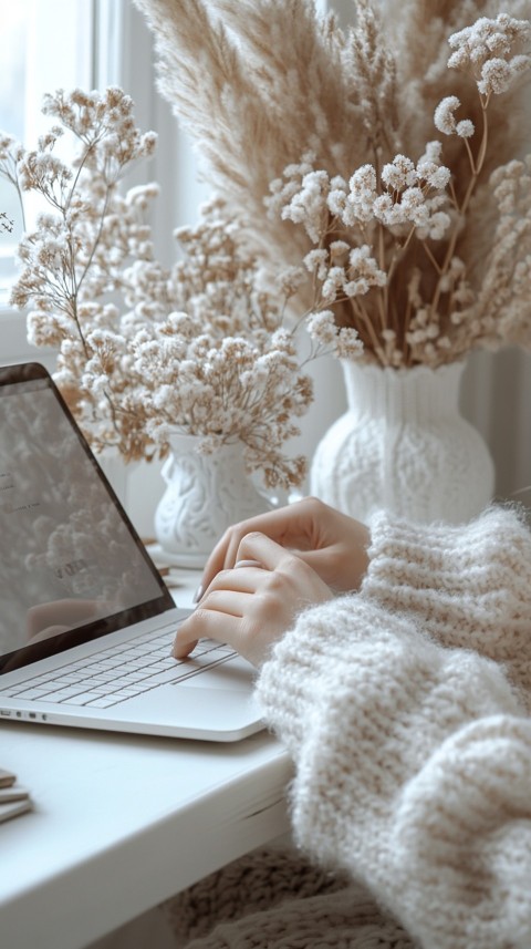 Hands Typing on a Laptop on a White Desk with Minimal Decoration – Cozy Feminine Blogger Aesthetic (374)