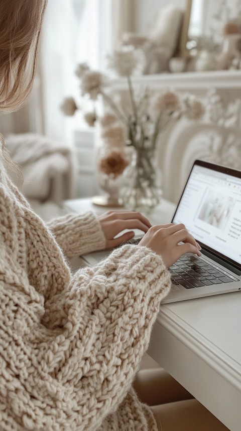 Hands Typing on a Laptop on a White Desk with Minimal Decoration – Cozy Feminine Blogger Aesthetic (376)