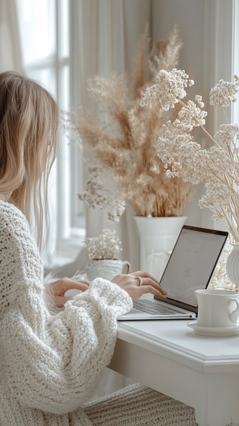 Hands Typing on a Laptop on a White Desk with Minimal Decoration – Cozy Feminine Blogger Aesthetic (389)