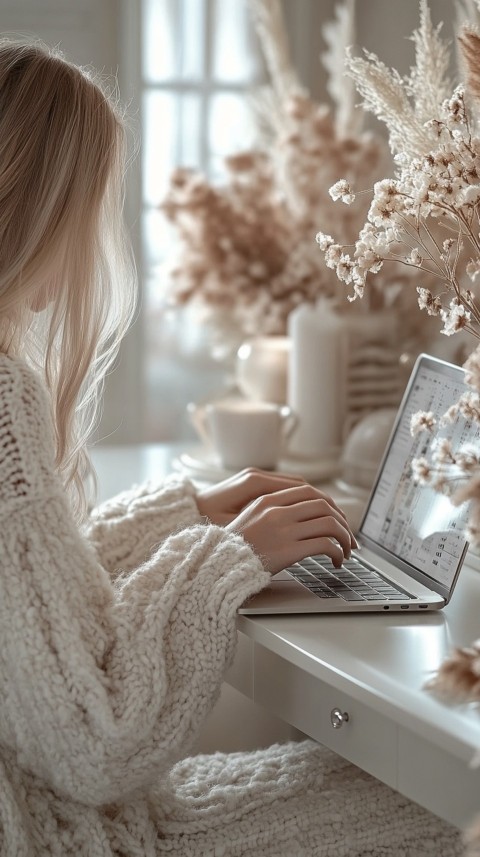 Hands Typing on a Laptop on a White Desk with Minimal Decoration – Cozy Feminine Blogger Aesthetic (386)