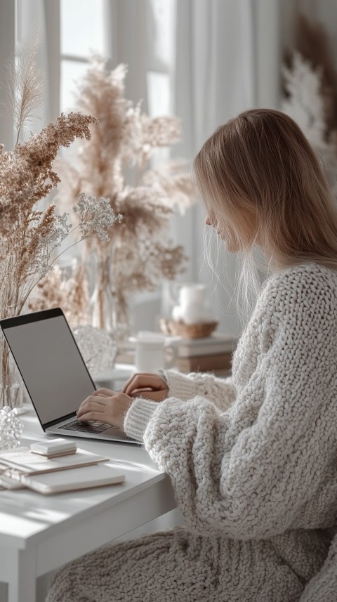 Hands Typing on a Laptop on a White Desk with Minimal Decoration – Cozy Feminine Blogger Aesthetic (395)